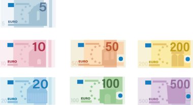 Tüm euro banknotları 5, 10, 20, 50, 100, 200 ve 500, avro