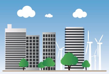 Yenilenebilir enerji ve rüzgar türbinleri. Büyük yeşil şehir, ağaçlar, çevre dostu binalar, iş ve finans. Rüzgar değirmenleri çiftliği ve modern konut manzarası. Çevreye dost endüstri.
