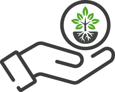 Bir el ve bir bitki. Sürdürülebilir, geri dönüşüm. Çevre koruma simgesi beyaz arkaplanda izole edildi. Tohum ve tohum fidanı. Ekoloji konsepti. Çevre dostu temiz enerji toplama