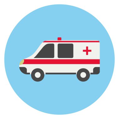 Uluslararası Kızılhaç Komitesi bayrağı. Simge mavi yuvarlak arka planda ambulansla izole edildi. İnsanlara yardım etmek. Dünyayı korumak için. İnsani yardım hareketi. Sembol