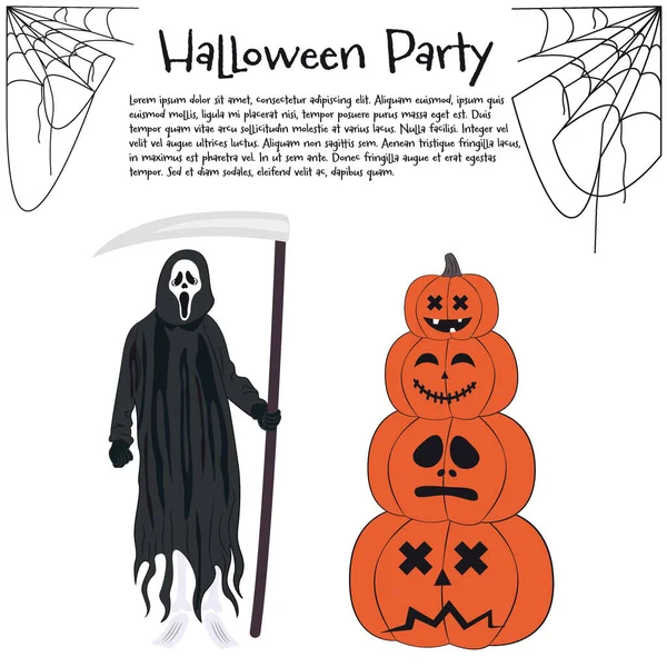 Wesołego Halloween Party Plakat Tekst Ikony Kostiumów Wektorowych Dyń Ponury — Wektor stockowy