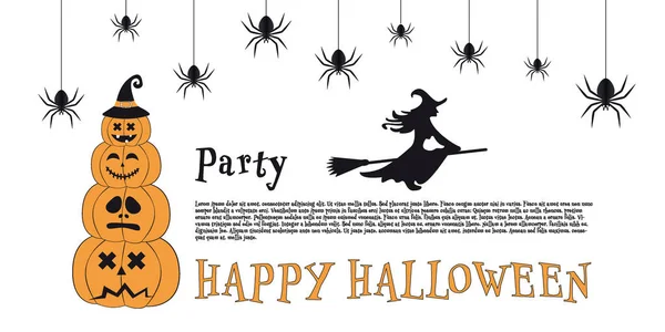 Tradycyjny Szczęśliwy Plakat Halloween Dynie Uśmiechniętymi Przerażonymi Zmartwionymi Minami Czarownica — Wektor stockowy