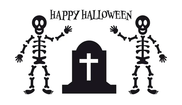 Wesołego Halloween Plakat Tekstowy Vector Szczęśliwe Szkielety Machające Nagrobek Znakiem — Wektor stockowy