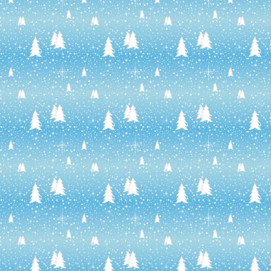 Düz renkli karlı ağaçların olduğu bir Noel deseni. Mavi yeşil beyaz. Mavi arka planda bir orman. Dekoratif çiçekli kusursuz desen, kağıt, kapak, kumaş, doku iç tasarımı. 