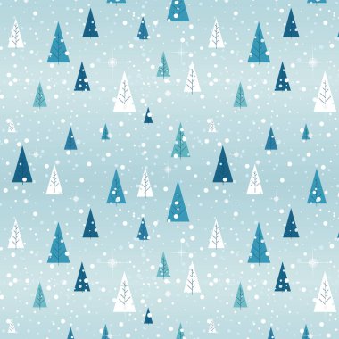 Düz renkli karlı ağaçların olduğu bir Noel deseni. Mavi yeşil beyaz. Mavi arka planda bir orman. Dekoratif çiçekli kusursuz desen, kağıt, kapak, kumaş, doku iç tasarımı. 