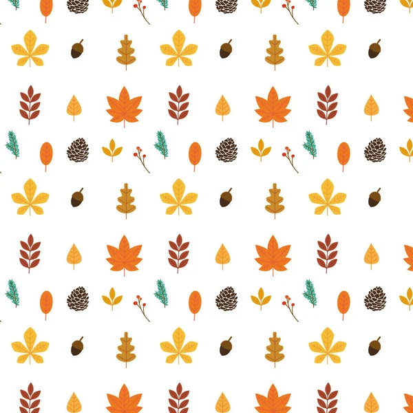 stock vector Seamless autumn pattern with decorative flowers, design for paper, cover, fabric, texture interior, gift wrap packaging. Orange, yellow, brown red fall forest rowan, birch, oak tree leaves and herbs