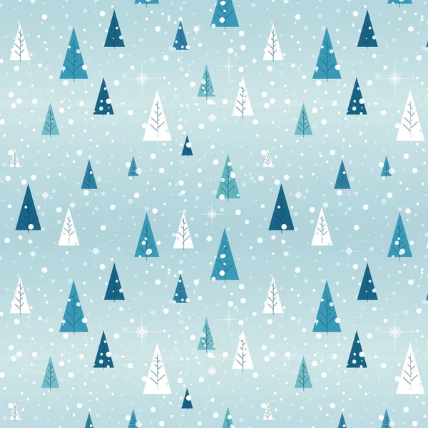 Рождественский Узор Плоскими Цветными Снежными Деревьями Сине Зеленый Белый Лес — стоковый вектор