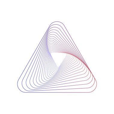 Soyut girdap sembolleri. Bükülmüş kablo şeması tüneli. Kıvrımlı mavi eğimli kırmızı eğimli şekil. Teknoloji parlayan renkli üçgenler.