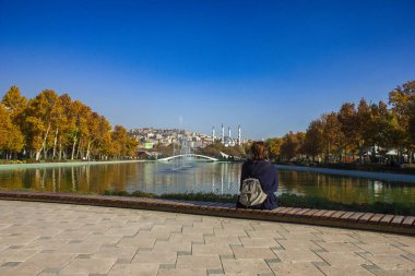 Yalnız kadın, gün ışığında havuzun kenarında.