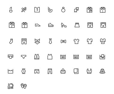Giysi ve aksesuar ikonları. Vektör İllüstrasyonu. Simgeyi Düz Pictogram olarak dahil et. Düzenlenebilir Vuruş