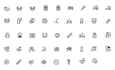 Tıbbi Vektör Simgeleri ayarlandı. Düz Tasarım Tıp ve Sağlık Hattı Simgeleri, İşaretler ve Mobil Konseptler ve Web Uygulamaları için Semboller. Koleksiyon Modern Infographic Logo ve Pictogram.