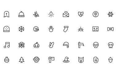 Tatil, Noel, Cadılar Bayramı, Paskalya ikonları. izole çizgi vektör illüstrasyonu