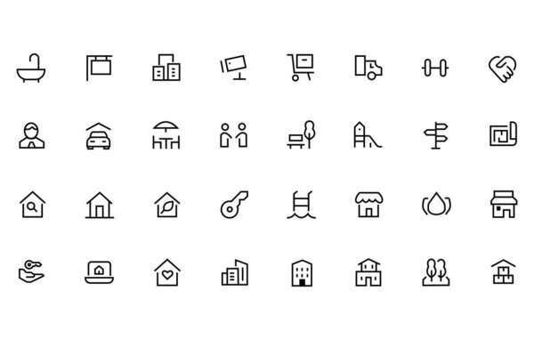 Reestate line web icon set. Included real estate, property, mortgage, housing loan icons. Коллекция контуров иконок. Простая векторная иллюстрация.