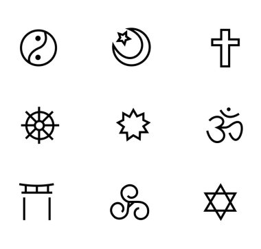 Dünya din sembolleri. Hıristiyanlık, İslam, Hinduizm, Budizm, Musevilik, Taoizm, Shintoizm, Bahaizm ve Druidizm vektör çizimi. 
