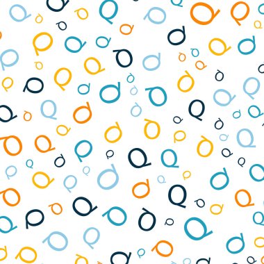 Kusursuz soyut Q harfi vektör geometrik desen. Beyaz arka planda renkli harfler. Rastgele sipariş. Hediye paketi kağıdı, kumaş, poster. Yatak örtüsü ve iç döşeme. Okul ve öğrenme teması.