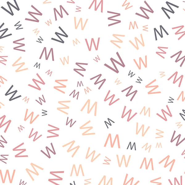 シームレス抽象的なW文字ベクトル幾何学パターン 白い背景のカラフルな文字 ランダムオーダー ギフト包装紙 ポスター ベッドリネンとインテリア スクールと学習テーマ — ストックベクタ