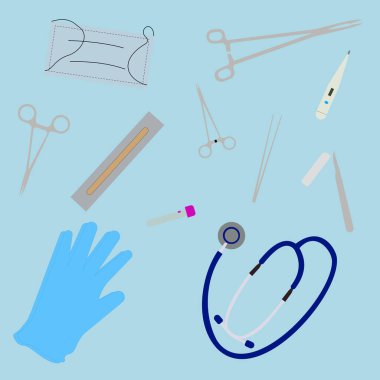 Tıp doktorlarının aletleri izole edildi. Vektör düz grafik tasarım karikatür çizimi. 14 Mart ve 3 Ekim uluslararası doktorlar günü.