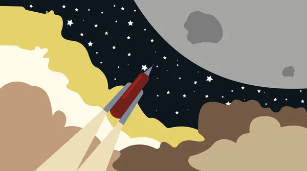 月へのロケット打ち上げ ロケット 煙が付いているかわいい空間の背景 ベクターイラスト ワールド スペース ウィーク — ストックベクタ