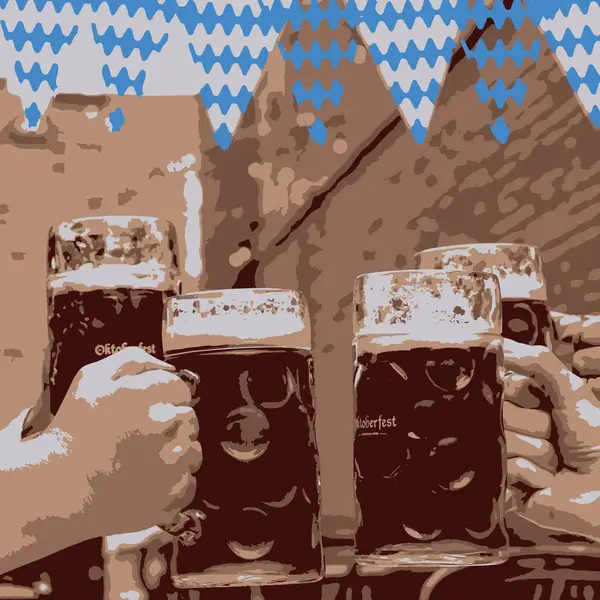El ele tutuşup bira bardaklarını tokuşturmak. Oktoberfest pankart tasarımı. Vektör illüstrasyonu.