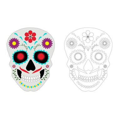 Dia Los Muertos, Ölüler Günü veya Meksika Cadılar Bayramı. Çiçekli süslemeler resim yapmak için kullanılabilir. Kafatası vektör illüstrasyon arka planı.