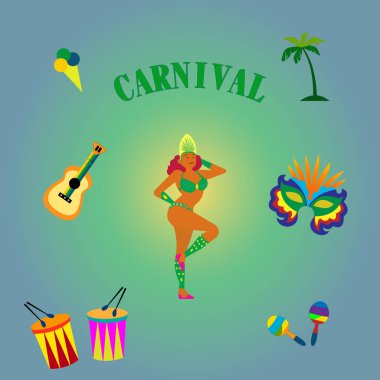 Renkli tasarım karnaval koleksiyonu. Brezilya Karnavalı için tasarım. Renkli karalamalarla dekoratif soyut çizimler.