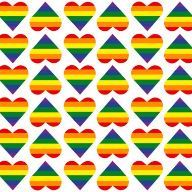 LGBTQ Gurur Renkleri ile gurur duyulan kalp deseni geçmişi, gurur ayı kutlamaları, kalp elementi ile kusursuz şablon geçmişi.