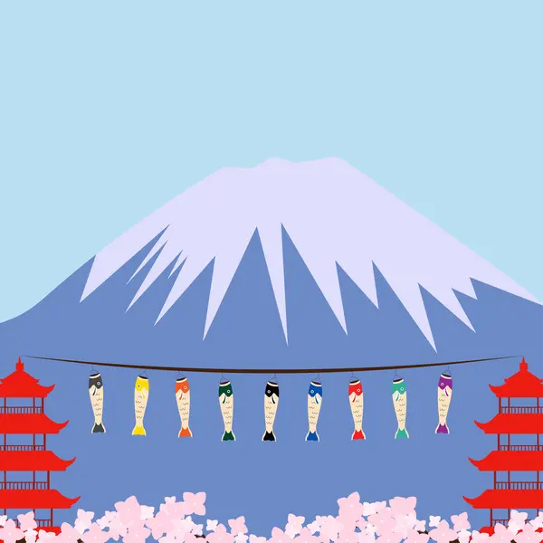 Altın Hafta tebrik kartı temsili. Koinobori, Sakura ve Fuji Dağı geleneksel Japon şablonu üzerine.