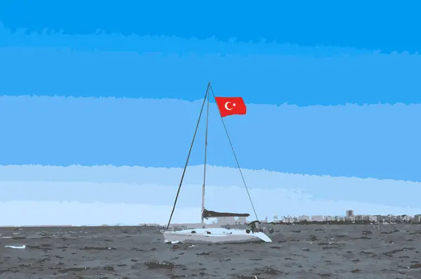 Denizcilik ve Kabotaj Bayrami Kutlu olsun. İzmir Körfezi 'nde bir yelkenli. Açık hava. Türk bayrağı. Vektör illüstrasyonu.