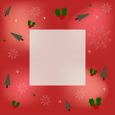 Noel tebrik kartı tasarımı. Noel renkleri, kar taneleri, Noel ağacı. Yeni yıl geçmişi. Vektör çizimi. Boşluğu kopyala.