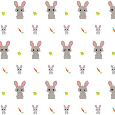 Beyaz arka planda tavşan, havuç ve marul desenleri var. Mutlu Paskalyalar!
