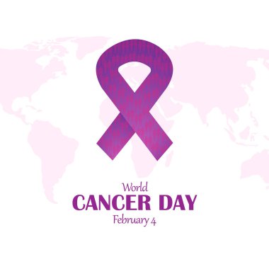 Dünya Kanser Günü konsepti. Düz tasarım dünya haritası, insanlar ve kurdele. 4 Şubat Dünya Kanser Günü için Poster Tasarımı, vektör illüstrasyonu.
