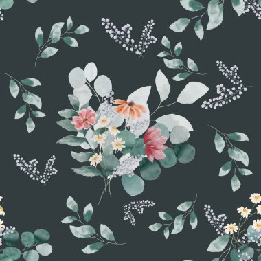 Suluboya yaban çiçeği okaliptüs davet arkaplanı, desenler 