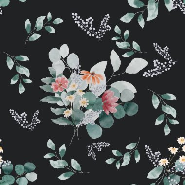 Suluboya yaban çiçeği okaliptüs davet arkaplanı, desenler 