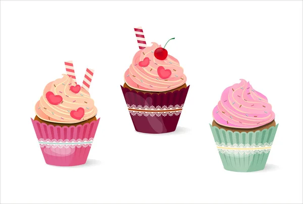 Cupcakes Set Isolated White — Stock Vector