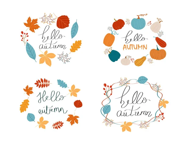 Hello Autumn Pumpkins Leaves — Stock Vector