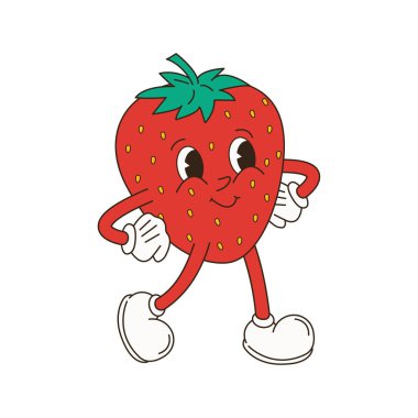 Retro çizgi film karakteri meyve seti. Muz, Kiraz, Limon, Çilek, Karpuz