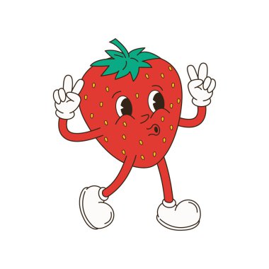 Retro çizgi film karakteri meyve seti. Muz, Kiraz, Limon, Çilek, Karpuz