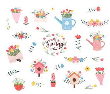Yay el çizimi elementler. Çiçek dekoru. Çiçekler, dallar, buketler, sulama tenekesi, çaydanlık, kuş kafesi. Bahar tatili. Sevgililer Günü için mükemmel, Kadınlar Günü, Paskalya, Anneler Günü
