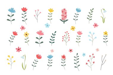 Yay el çizimi elementler. Çiçek dekoru. Çiçekler, dallar, buketler, sulama tenekesi, çaydanlık, kuş kafesi. Bahar tatili. Sevgililer Günü için mükemmel, Kadınlar Günü, Paskalya, Anneler Günü