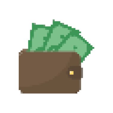 8-bit Pikselli Nakit Para simgeleri seti. Piksel Cüzdanı, banknotlar ve Altın Kredi Kartı. Pixel Piggy Bankası. Ödeme simgeleri retro video oyunu tarzında. Düzenlenebilir vektör