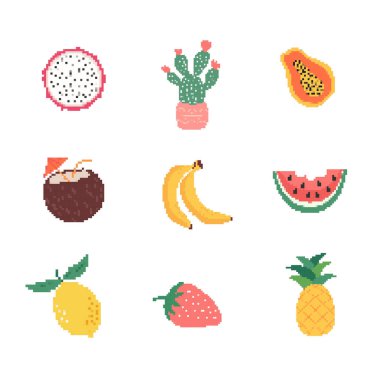 Collection of colorful Pixel icons of fruits vector illustration. clipart