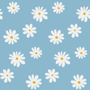 Seamless pattern with white chamomiles on light blue background. Vector floral illustration for textile, print, wallpapers, wrapping.