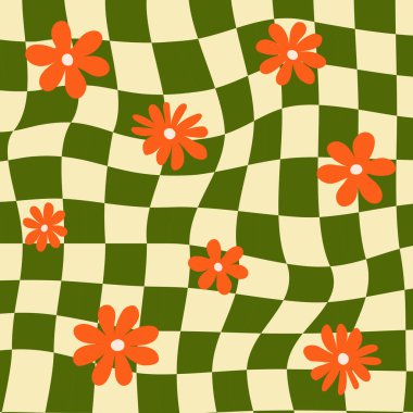 Hippie damalı, papatya çiçekleri ve harika damalı arka planlar. Antika klasik estetik çiçek desenli tekstil baskısı papatya vektörlü retro psikedelik dalga deseni.