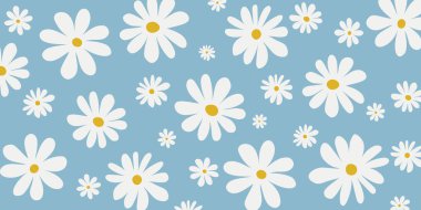 Seamless pattern with white chamomiles on light blue background. Vector floral illustration for textile, print, wallpapers, wrapping.