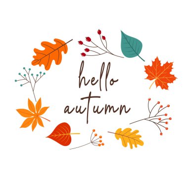 Merhaba güz yapraklı sonbahar metni. Vektör illüstrasyonu.