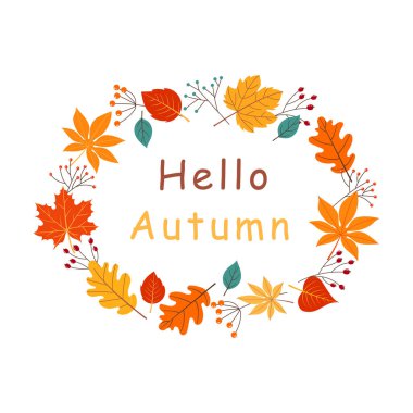 Merhaba güz yapraklı sonbahar metni. Vektör illüstrasyonu.