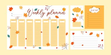 Sonbahar yapraklı haftalık planlamacı. Vektör illüstrasyonu.