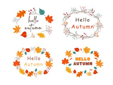 Merhaba güz yapraklı sonbahar metni. Vektör illüstrasyonu.