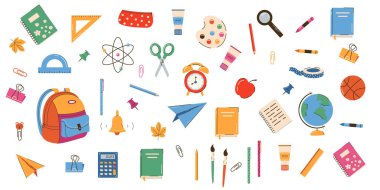 Okul malzemeleri ve eğitim afişi. Okula dönelim. Sırt çantası, kitaplar, küre, kalem kutusu, boyalar, cetvel, kalem, kalem. Parmak izi, kart, kağıt işçiliği, yapıştırma kitabı için uygun.