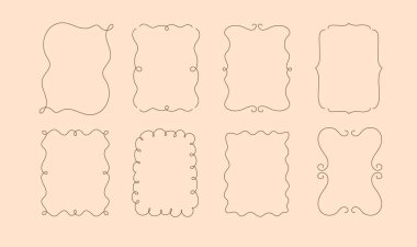 Moda çerçevesi, düğün davetiyesi için el çizimi kırmızı sınırlar, doğum günü kartı için tuhaf çerçeveler, eğri büğrü ve dalgalı sınırlar. Minimalist çizgi sanatı